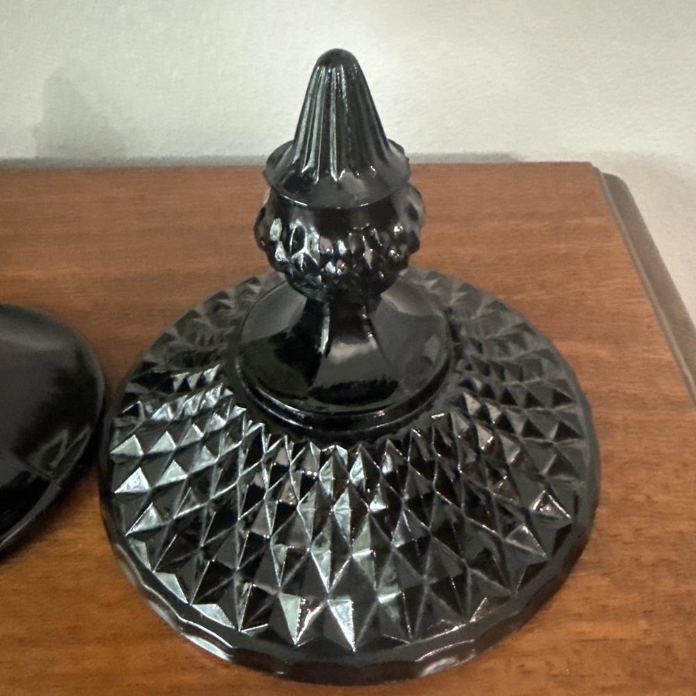 Vintage Black Amethyst Glass Candy Dish with Lid Diamond Point Pedestal Jar 15" - Picture 3 of 4